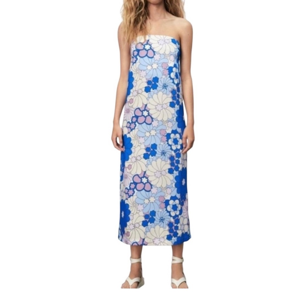 Zara Strapless Floral Dress - Blue and White